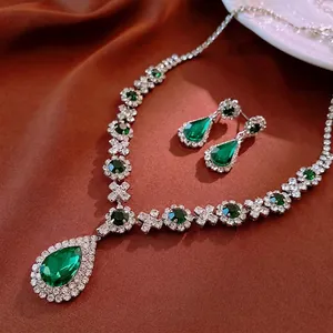 Vintage Luxury Necklace And Earrings For Women Silver Plated Alloy Green Rhinestone Pear Shape Waterdrop Pendant Elegant