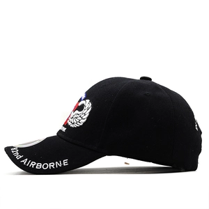 Detail of 82nd Airborne embroidery on black tactical cotton twill baseball cap
