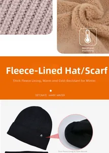 Close-up of thick fleece lining and knitted texture of the winter hat and scarf set