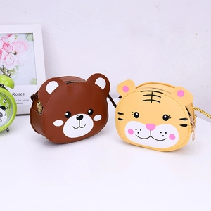 Cute cartoon bear and tiger mini PU leather crossbody bags for kids with woven rope straps