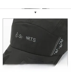 Detail of black quick-dry sports cap showing mesh fabric and white embroidered sports logo