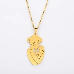 Stainless Steel Mother And Baby Silhouette Pendant Necklace Heartwarming Mom Kid Hug Design For Women Jewelry Mother Day Gift