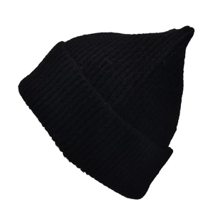 Detail of black rib-knit texture and thick wool blend yarn on this winter cat ear hat