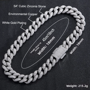 Detail of 18mm Cuban link necklace in white gold plating with 5A+ cubic zirconia stones