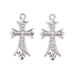 Silver cross pendants with white pearls for DIY jewelry making, macro detail view