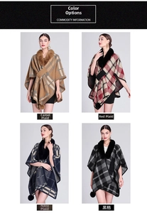 Four color options of women's plaid poncho featuring faux fur collar and pom-pom trim