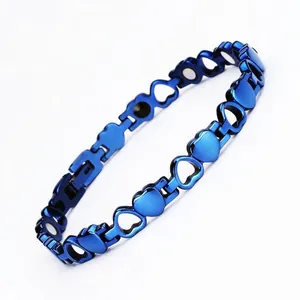 Polished blue stainless steel bracelet with magnetic heart and apple link design