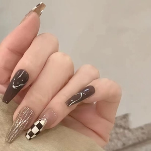 Press On Nails Coffin Long Glossy Resin Brown White Checkerboard Pattern Artificial Fake Nails Retro Sweet Cool Style