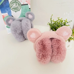 Winter plush earmuffs for children with sequin heart ears in pink and grey colors