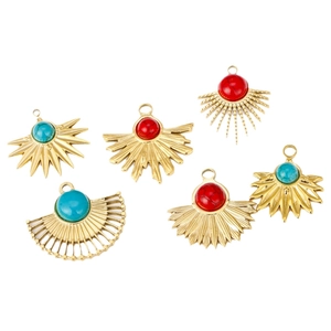 Gold fan-shaped stainless steel sunburst pendants with red and turquoise natural stones
