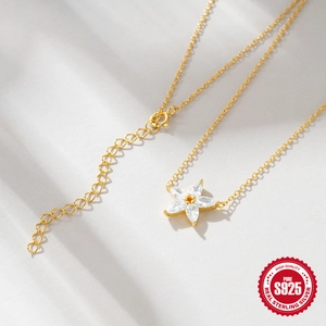 Elegant S925 sterling silver flower necklace with marquise zircon petals in gold finish