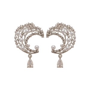 Elegant silver moon pearl earrings with zircon teardrop charms on a white background