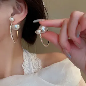 C Shaped Hoop Earrings With Artificial Pearls And Rhinestone Inlay Silver Earring Post French Style Elegant For Women