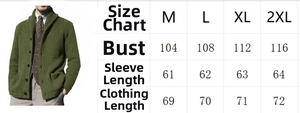 Detailed size chart for men's hooded knit cardigan with chest and length measurements
