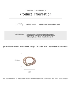 Macro detail of strawberry quartz wrap bracelet showing 23.6g weight and 40.6cm length