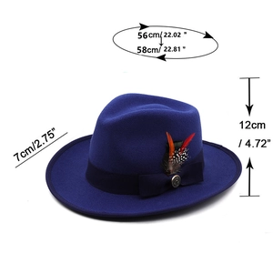 Royal blue wool fedora hat with feather accent and detailed dimensions specification