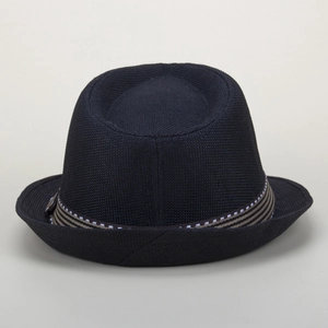 Detailed view of dark blue woven fedora featuring brown and white striped ribbon band