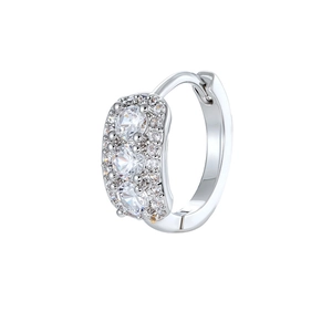 Silver geometric hoop earring with micro-pave zircons shown from a side profile view