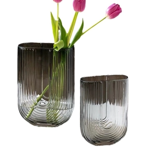 Nordic U-shaped smoky gray ribbed glass vases for creative home floral decoration