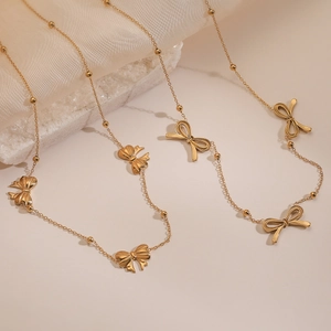 Bow Pendant Necklace Titanium Steel Beaded Link Chain Sweet Elegant Minimalist Jewelry For Women