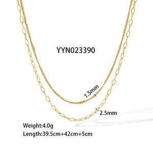 Detailed size chart for golden double-layered stainless steel necklace with weight specs
