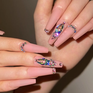 Matte Nude Roze Press On Nagels Extra Lange Coffin Vorm Strass Kunstnagels Voor Vrouwen Kunstmatige Manicure Decoratie