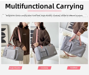 Three-way display of grey fitness bag with pink straps worn as shoulder, crossbody, or handbag
