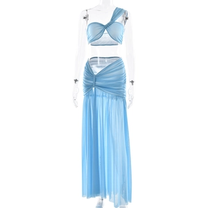 Women's 2-piece light blue mesh set with cropped tube top and ruched maxi skirt