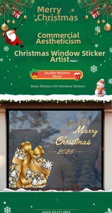 Detail of Christmas window sticker with golden gift box design and Merry Christmas 2026 text