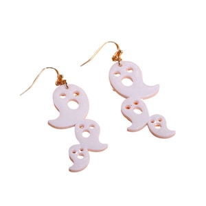 Ghost earrings for Halloween featuring white glitter acrylic spirits and golden metal hooks