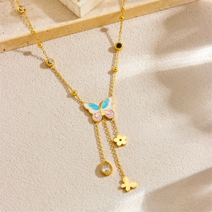 Golden stainless steel necklace with colorful butterfly pendant and diamond charms