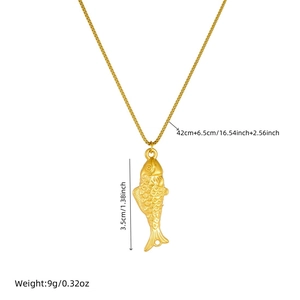 Gold-plated stainless steel fish pendant necklace with dimensions and weight specs