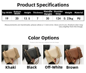 Detailed size chart and multi-color options for the V-quilted PU leather crossbody bag