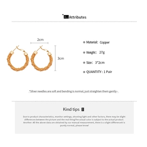 Detailed specs of 3x2cm gold plated woven texture hoop earrings with silver pins