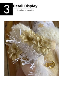 Close-up of golden fabric flowers and white tinsel details on a plush Christmas gnome