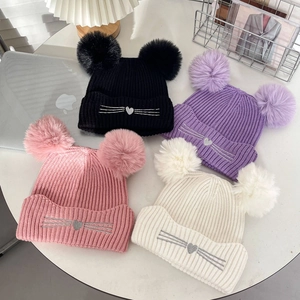 Kids Knitted Beanie Hat Warm Winter Double Faux Fur Pompom Cat Face Embroidery Soft Thermal Headwear For Girls