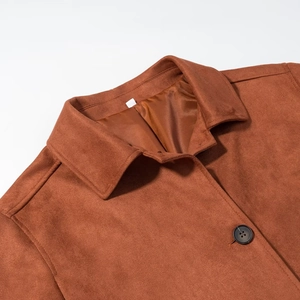 Classic brown faux suede jacket with lapel collar and button detail for women