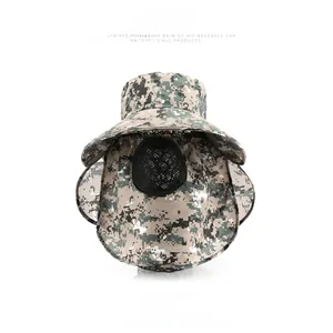 Detail of camouflage sun hat featuring a wide brim and black breathable mesh face mask