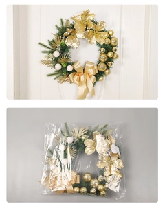 Detailed view of a gold Christmas wreath hanging on a door and its plastic packaging