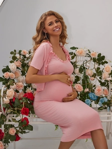 Robe De Maternité En Tricot Côtelé Et Cardigan À Volants Robe De Grossesse Douce Et Ajustée Pour Femmes Enceintes Rose