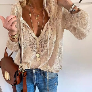 Blusa De Encaje Mujer Cuello En V Manga Larga Camisa Ganchillo Boho Elegante Tops De Poliéster