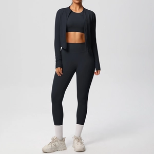 Three-piece yoga set with slim fit zipper jacket, sports bra, and high waisted leggings
