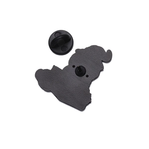 Back view of cute anime metal enamel pin with black rubber clutch on white background