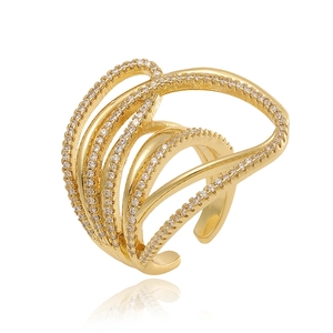 Wide gold multi-layer open ring with butterfly flower design and zircon inlay