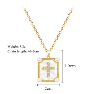 Golden rectangular pendant with pearl cross and diamond accents, 40+5cm chain size