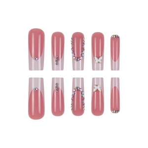 Pink French long ballerina press-on nails with 3D white butterfly and shiny rhinestones