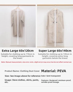 Detailed size chart for PEVA garment dust covers showing 120cm and 140cm size options