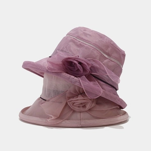 Foldable organza sun hats for women in rose pink with decorative floral details