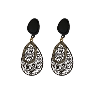 Vintage hollow teardrop earrings in black and gold with rhinestones and silver needles