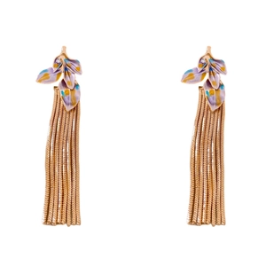 Elegant gold tassel earrings with blue enamel leaf design and sparkling rhinestones